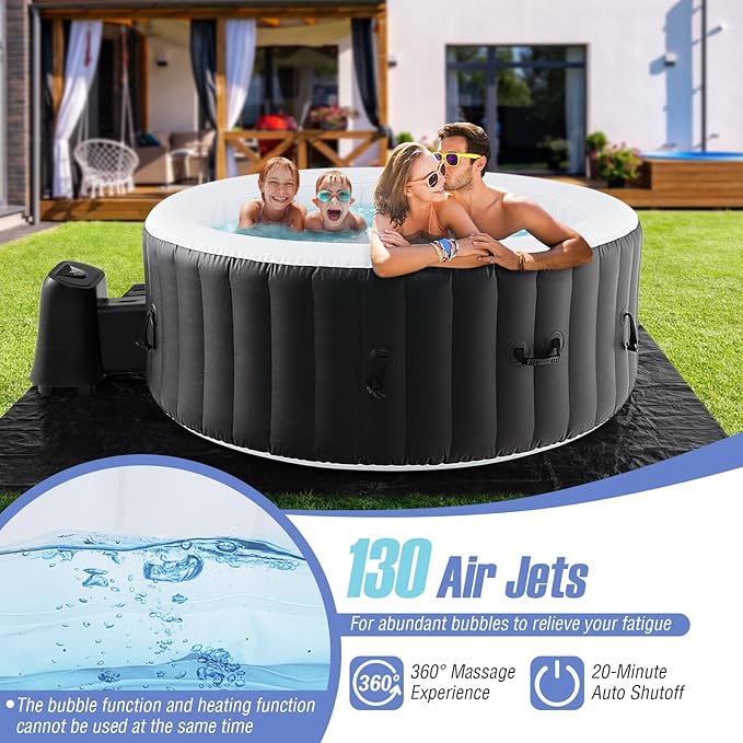 Goplus Inflatable Hot Tub, 4-6 Person Blowup Pool Hottub w/130 Air Jets, Heater Pump, Filter Cartridges, Insulated Cover, Ground Cloth, Portable Outdoor Water SPA (80’’ Round, 4-6 Person)