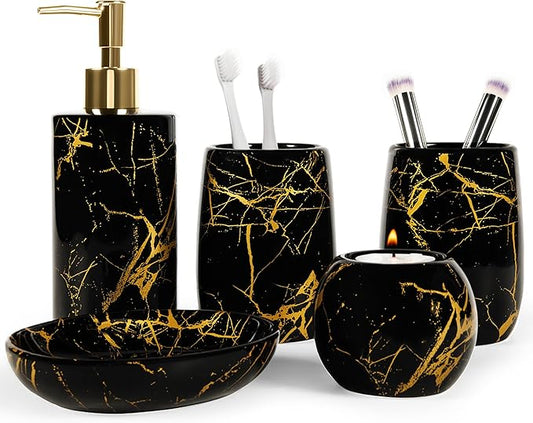 Ceramic Bathroom Accessory Set, 5-Piece Bathroom Accessory Set, Soap Dish, Toothbrush Holder, Soap Dispenser, Bathroom Tumbler & Candle Holder - Modern Bathroom Organizer, (Black & Gold)