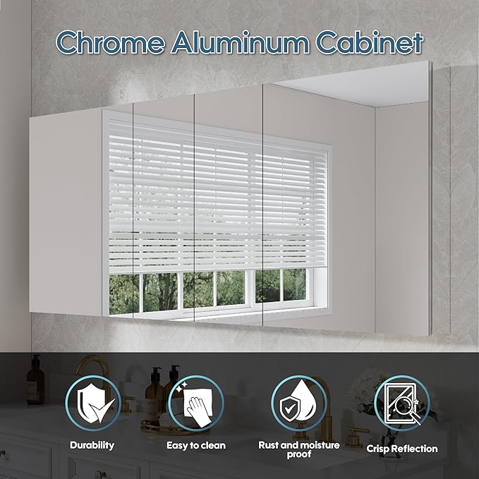 WELLFOR 72" x 30" Rectangle Medicine Cabinet Mirror, Surface Mount or Recessed Medicine Cabinet with Tempered Mirror, Anodized Chrome Aluminum Frame, Bathroom Mirror with Storage