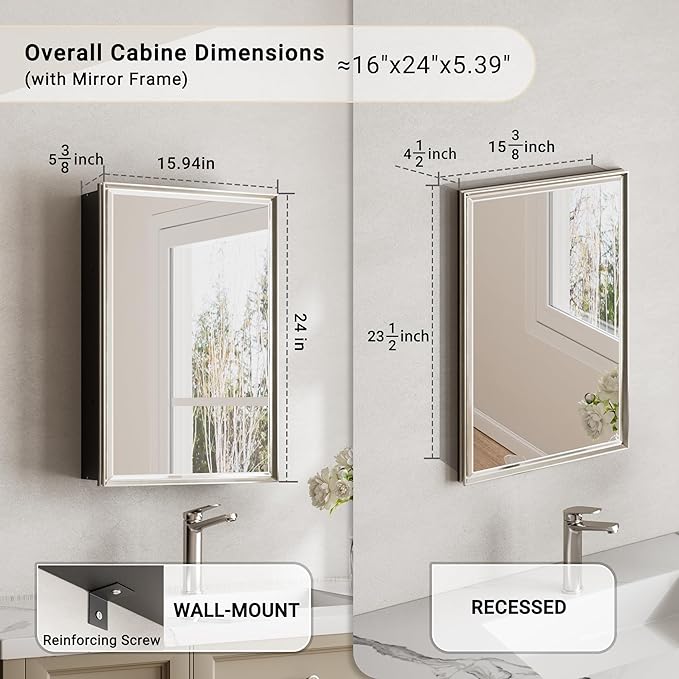 Pre-Assembled Surface or Recessed Medicine Cabinet Mirror-16x24 Brushed Nickel Bathroom Medicine Cabinet with Mirror & Rustproof Aluminum Frame, Beveled Bathroom Vanity Mirror with Storage