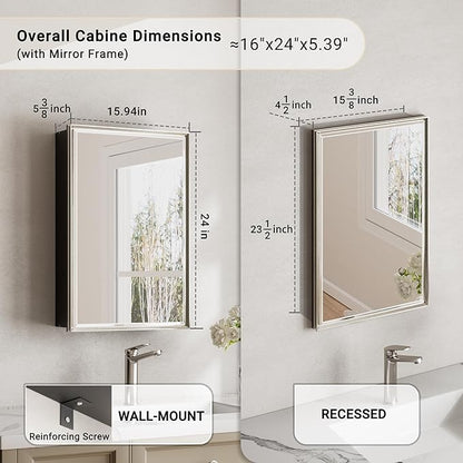 Pre-Assembled Surface or Recessed Medicine Cabinet Mirror-16x24 Brushed Nickel Bathroom Medicine Cabinet with Mirror & Rustproof Aluminum Frame, Beveled Bathroom Vanity Mirror with Storage
