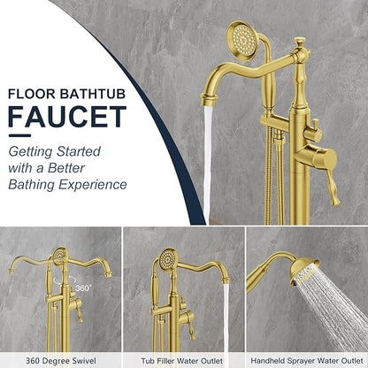 Brushed Gold Bathtub Faucet Freestanding Tub Filler High Pressure Single Handle Bathtub Filler Floor Mounted Brass Bathroom Tub Faucets with Handheld Shower