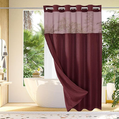 Gibelle No Hook Waffle Weave Shower Curtain with Snap-in Fabric Liner Set for Bathroom, Hotel Style with Mesh Top Window, Waterproof & Washable, Burgundy, 72x74