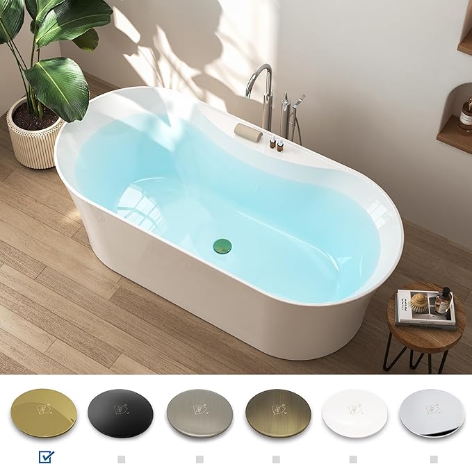 FerdY Santorini 67" Acrylic Freestanding Tub, Gracefully Shaped Contemporary Soaking Tub, Glossy White, cUPC Certified, Polished Gold Toe-tap Drain and Overflow
