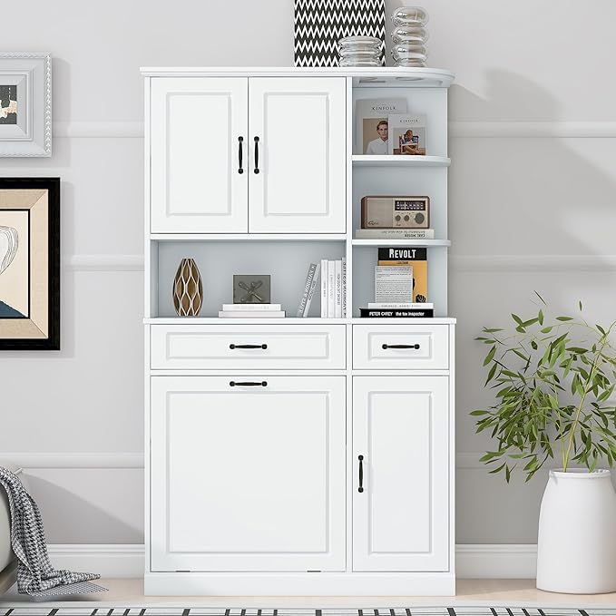 70" Tall Freestanding Storage Cabinet with Drawers, Doors, Adjustable Shelves & Flip Drawer, Modern Wood Organizer for Bathroom, Laundry Room, Office, White