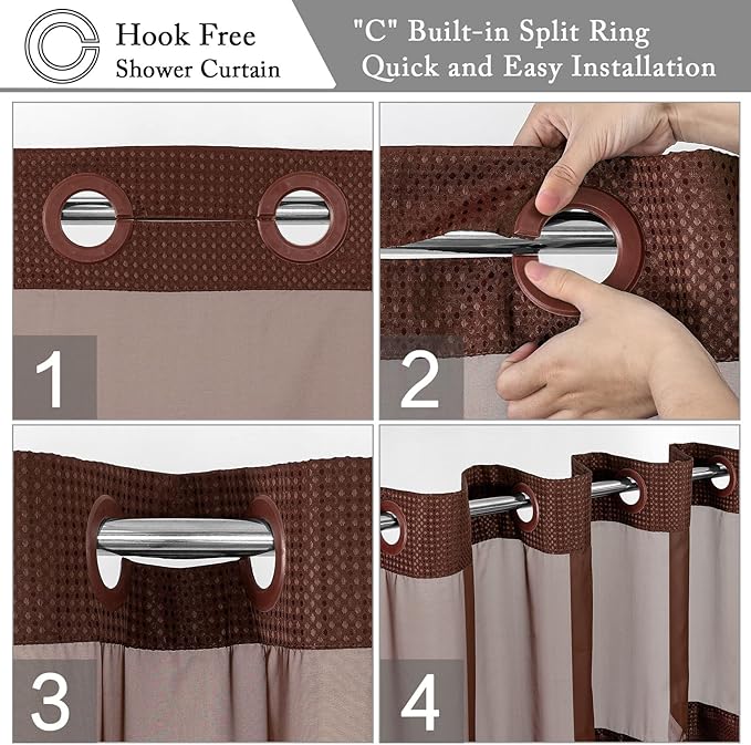 Gibelle No Hook Waffle Weave Shower Curtain with Snap-in Fabric Liner Set for Bathroom, Hotel Style with Mesh Top Window, Waterproof & Washable, Brown, 72x74