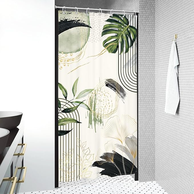 Grey Green Boho Small Shower Curtain 36Wx72H Stall RV Narrow Tropical Palm Leaves Abstract Modern Gold Leaf Mid Century Plant Bathroom Decor Botanical Bath Curtain Fabric Polyester 7 Pack Hooks