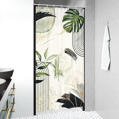 Grey Green Boho Small Shower Curtain 36Wx72H Stall RV Narrow Tropical Palm Leaves Abstract Modern Gold Leaf Mid Century Plant Bathroom Decor Botanical Bath Curtain Fabric Polyester 7 Pack Hooks