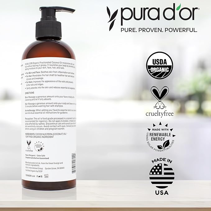 PURA D'OR 16 Oz ORGANIC Fractionated Coconut Oil – USDA Certified – MCT Oil – Therapeutic, Hydrating, Lightweight Moisturizer – Hexane Free Carrier Oil For Essential Oils & Massage – Face, Hair & Body