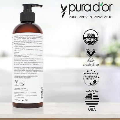 PURA D'OR 16 Oz ORGANIC Fractionated Coconut Oil – USDA Certified – MCT Oil – Therapeutic, Hydrating, Lightweight Moisturizer – Hexane Free Carrier Oil For Essential Oils & Massage – Face, Hair & Body