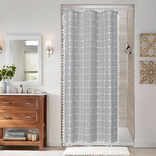 MitoVilla Tan Boho Small Stall Shower Curtain 36 x 72, Narrow Polyester Linen Fabric Shower Curtains for Farmhouse Bathroom Decor, Brown Half Size Cloth Shower Curtain Set with Hooks, Taupe