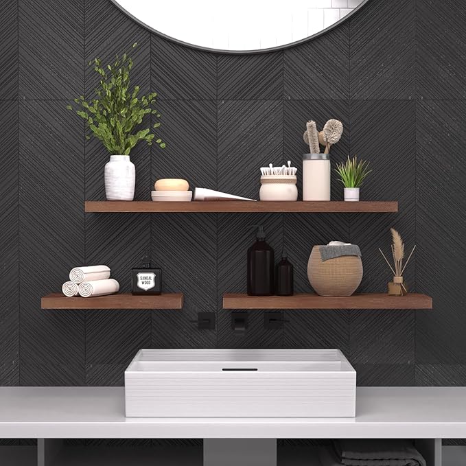 SAUMONIERES Floating Wall Shelves for Bedroom Bathroom Wall Mounted Solid Wood 36 Inches Long Shelf Set of 2, Walnut Floating Shelves