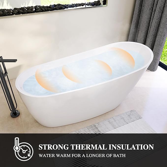 59" High-back Acrylic Freestanding Bathtub, Stand Alone Slipper Soaking Tub, Integrated Overflow and Drain, cUPC Certified