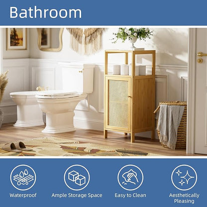 HITNET Rattan Bathroom Storage Cabinet, Small Bamboo Floor Cupboard with Door, Freestanding Narrow Side Organizer for Living Room, Kitchen, Entryway, Natural