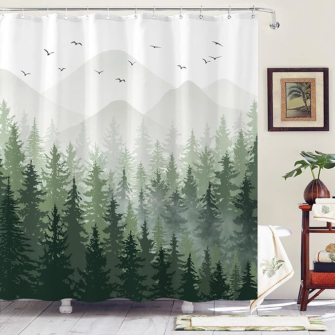 Aipon Green Misty Forest Shower Curtain Ombre Nature Tree Plants Shower Curtains Fabric Waterproof Mountain Shower Curtain Sets for Bathroom Bath Decor with 12 Hooks (Green, 72'' × 72'')