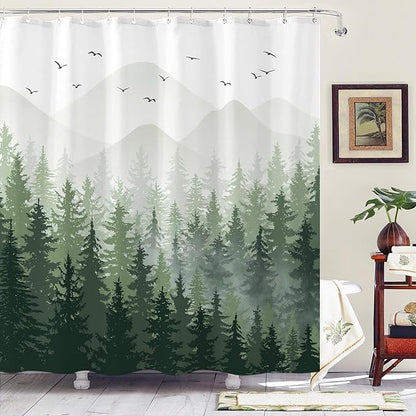 Aipon Green Misty Forest Shower Curtain Ombre Nature Tree Plants Shower Curtains Fabric Waterproof Mountain Shower Curtain Sets for Bathroom Bath Decor with 12 Hooks (Green, 72'' × 72'')