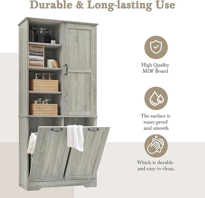 Favfurish 68" Tall Bathroom Storage Cabinet with Door and 2 Tilt-Out Laundry Hampers,Modern Linen Cabinets w/Open Shelf & Adjustable Shelves,Freestanding Organizer for Laundry Room,Kitchen,Oak