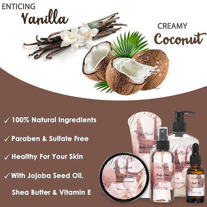 Bath Spa Gift Sets - Luxury Basket With Coconut & Vanilla - Spa Kit Includes Wash, Bubble Bath, Lotion, Bath Salts, Body Scrub, Shower Puff, Bathbombs, Soap and Towel