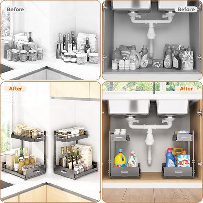 Under Sink Organizer,2 Tier Slide Out Kitchen Cabinet Organizers with Pulley,Under Bathroom Sink Pull Out Organizer with Multiple Height Adjustments for Kitchen and Bathroom Cabinets-Gray