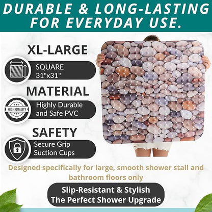 ENKOSI Extra Large Square Non Slip Shower Mat - 31 x 31-inch XL Bathroom Shower Mat - Square Shower Mats for Shower Stall Floors | Secure Suction Cups and Drain Holes (31x31 Pebble Stone)