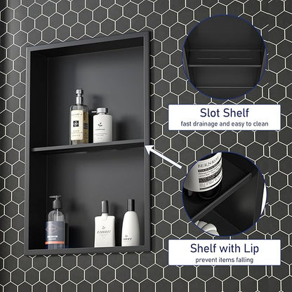 Stainless Steel Shower Niche 24"×14" Matte Black with Shelf No Tiled Needed Niche Shower for Bathroom Wall Recessed Shower Box for Bathroom Storage