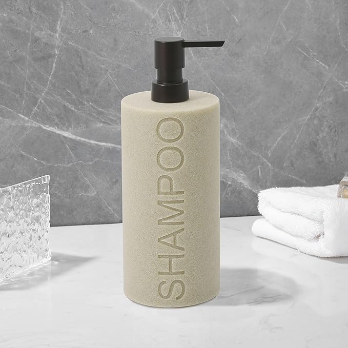 Resin Tan Sandstone Shampoo Engraved Bottle Refillable Pump Dispenser, Durable Waterproof Resin Construction for Bath, Shower - Tan Sandstone ORB Pump
