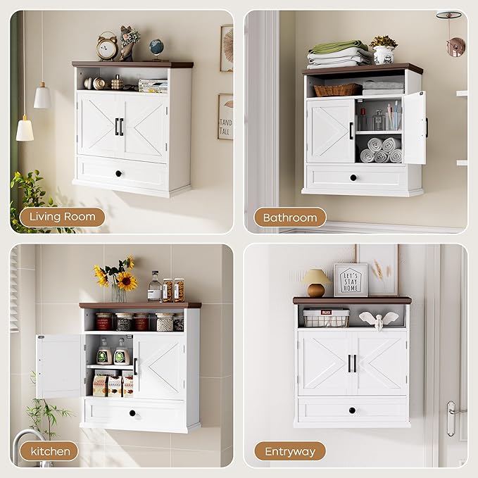 Bathroom Wall Cabinet, Farmhouse Wall Mounted Medicine Cabinet with Drawer, Barn Doors and Adjustable Shelf, 25"H x 23.6"W x 9"D White Over Toilet Storage Cabinet for Kitchen, Laundry Room, Entryway