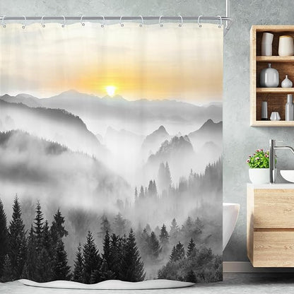 Riyidecor Misty Mountain Shower Curtain 60Wx72H Inch Sunrise Foggy Woodland Greenery Smokey Black Spring Scenery Tree Nature Pine Scenic Bathroom Decor Fabric Polyester Waterproof 12 Pack Hooks