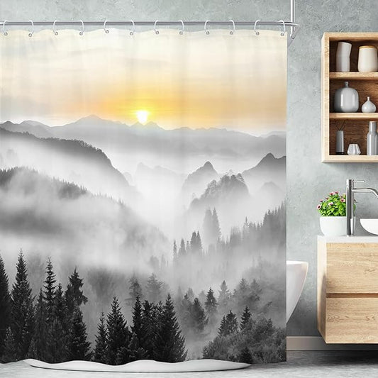 Riyidecor Misty Mountain Shower Curtain 60Wx72H Inch Sunrise Foggy Woodland Greenery Smokey Black Spring Scenery Tree Nature Pine Scenic Bathroom Decor Fabric Polyester Waterproof 12 Pack Hooks