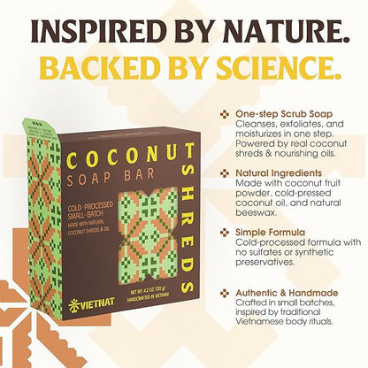 Coconut Shreds Soap Bar (Pack of 3) – 2-in-1 Cleansing & Exfoliating, Cold Process Handmade Bar with Real Coconut, Nourishing Body Soap, Made in Vietnam