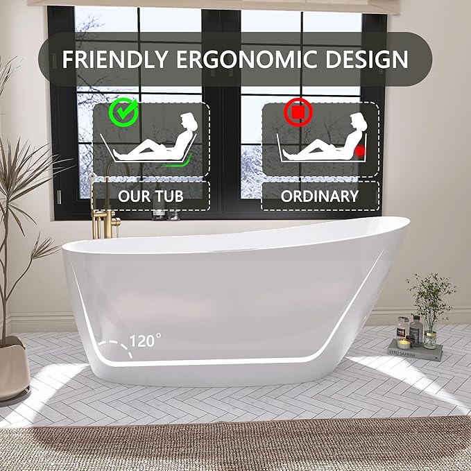 59" Free Standing Tub, Pure Acrylic Freestanding Bathtub, Stylish Stand Alone Contemporary Deep Soaking Bath Tub, cUPC Certified SY9950 (Glossy White)