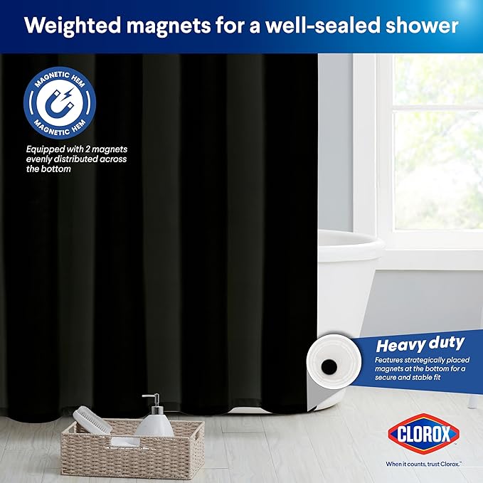 CLOROX 2-in-1 Bathroom Shower Curtain Liner, Durable Fabric, Weighted Magnets for Bath Water Control, Washable Premium Quality, Modern - 72" x 72" Black
