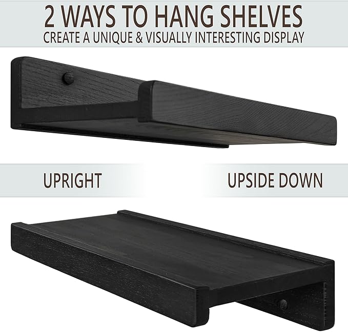 Floating Shelves for Wall 12 inch, Waterproof, Wall Storage Shelves with Lip, Display Picture Ledge Shelf for Living Room Photo Frame, Natural Wood Hanging Book Shelves (Black, Set 2)