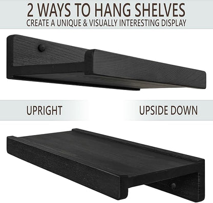Floating Shelves for Wall 12 inch, Waterproof, Wall Storage Shelves with Lip, Display Picture Ledge Shelf for Living Room Photo Frame, Natural Wood Hanging Book Shelves (Black, Set 2)