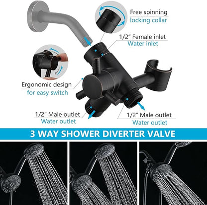 PDPBath Solid Brass Shower Arm 3 Way Shower Diverter Valve for Hand Held Showerhead and Fixed Spray Head, G1/2 Universal Connection - Oil Rubbed Bronze