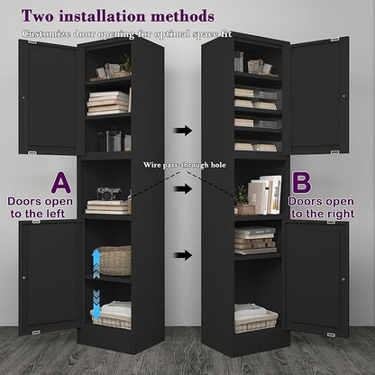 COFaR 67" Tall Metal Bathroom Storage Cabinet,6-Tier Freestanding Linen Tower with 2 Doors,Narrow Slim Metal Locker Storage Cabinet for Small Spaces,Modern,Black