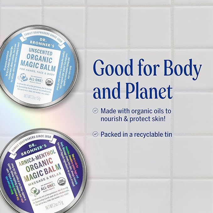 Dr. Bronner's - Organic Magic Balm - Arnica-Menthol, Made w/Organic Beeswax & Hemp Oil, Moisturizes & Soothes Hands, Face, & Body (2 oz, 2-Pack)