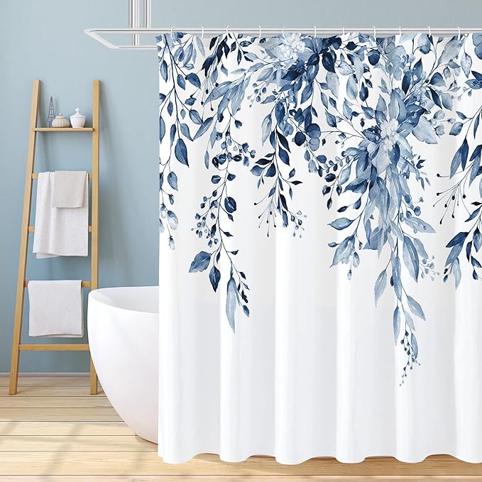 Gibelle Extra Long Shower Curtain 72 x 84, Navy Blue Floral Shower Curtain for Bathroom, Watercolor Plant Eucalyptus Leaves Fabric Shower Curtain Set