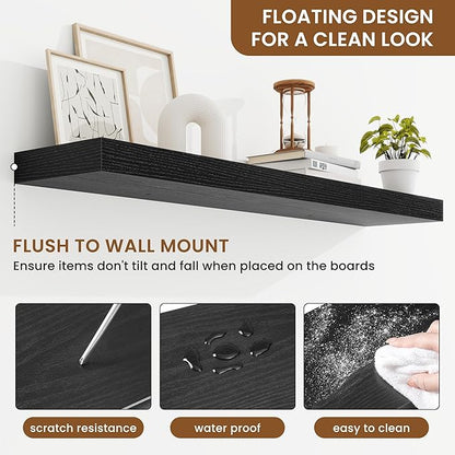 fuqing Floating Shelves for Wall, Wall Mounted Wood Floating Shelf with Invisible Brackets for Living Room, Bathroom, Bedroom, Kitchen Storage and Decor, 40 Inch Set of 2, Black