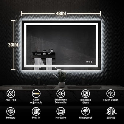 ISKM 48'' x 30'' LED Mirror for Bathroom Lighted Vanity Mirror for Wall Front Lights + Backlit LED Bathroom Mirror Anti-Fog Tempered Glass ETL Listed