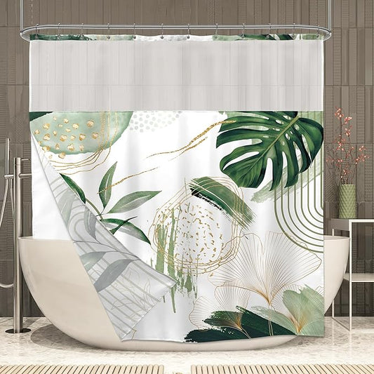 Sage Green Boho Shower Curtain 72Wx72H with Snap in Liner Mid Century Modern Abstract Gold Olive Tropical Palm Leaf Bathroom Decor Simple Geometric Bath Curtain Fabric Polyester 12 Pack Hooks