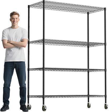 Whitmor 4 Tier Storage Shelves with Wheels, Heavy Duty Metal Shelving Unit, 625 lbs Capacity per Shelf, 2500 lbs Total for Kitchen, Garage, Plant, 55" L x 24" W x 72" H, Black
