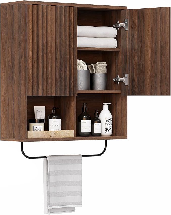 Fluted Wall Cabinet Set of 2, Wooden Bathroom Medicine Cabinet Storage with 2 Doors, Adjustable Shelf and Towels Bar, Modern Wall Mount Large Floating Cabinet for Kitchen Brown