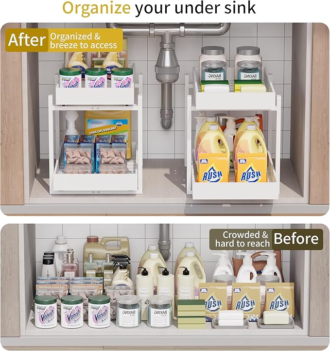 Bamboo Wood Under Sink Organizer 1 Pack, Pull Out Cabinet Organizer 2 Tier Under Sink Organizers and Storage with Sliding Drawer Sturdy Easy Assembly for Kitchen Bathroom Undersink (White, 1 Pack)
