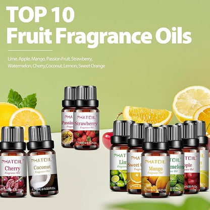 PHATOIL 10Pcs Fruity Fragrance Oil Set, Coconut, Cherry, Apple, Strawberry, Mango Oils for Candle Making, Freshie Scents for DIY Soap Making, Diffuser Oil Scents Set