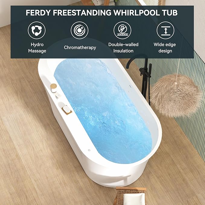 FerdY Mauritius 67 Inch Acrylic Freestanding Whirlpool Bathtub, Oval with 8 Water SPA Jets Morden White Stand Alone Jetted Tub, Luxury Acrylic Free Stand Deep Soaking Bath Tub with LED Light