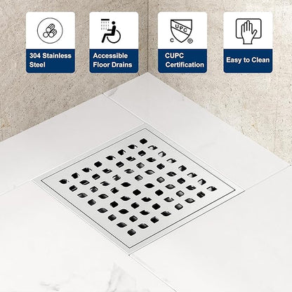 Neodrain Square Shower Drain,6 inch Stainless Steel 304 Grate and PVC Drain Body, Grate with Brushed Nickel Finish, Kit Includes Hair Trap/Strainer,Lifting Hook and PVC Drain Base