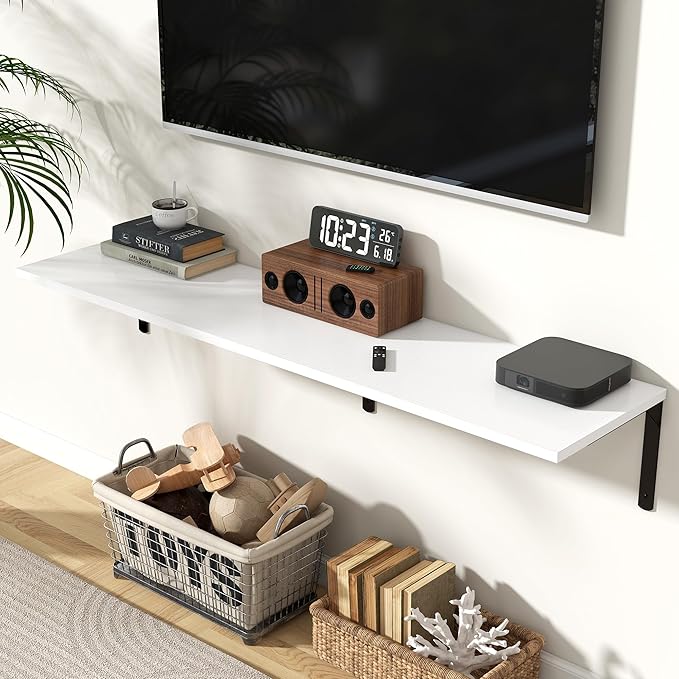 Fun Memories Floating Shelves for Wall, 12 Inch Deep Floating Shelves Set of 2, Wall Mounted Shelf with Metal Brackets, Rustic Wood Wide Shelf for Bathroom, Kitchen and Living Room, White, 55W x 12D