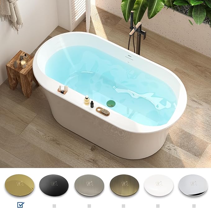 FerdY Mauritius 59" Acrylic Freestanding Tub, Oval Contemporary Soaker Tub, Extra Deep Bathtub, Polished Gold Drainage and Minimalist Linear Design Overflow, Modern White, cUPC Certified