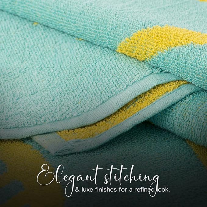 CASA COPENHAGEN Miami Bath Towels Designed in Denmark Rough and Tough, Quick Dry, for Pool, Bath & Shower 30"x60", 2 Pieces Cotton Beach Towels Set - Fish Teal + Yellow Stripe